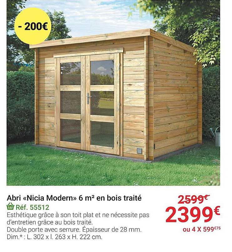 abri «nicia modern» 6 m² en bois traité