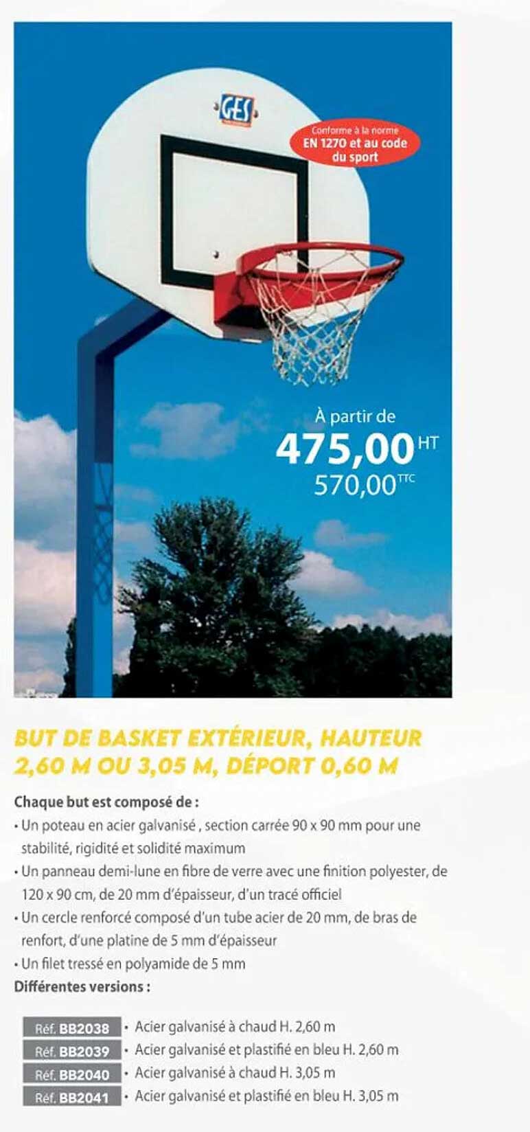 But De Basket Extérieur, Hauteur 2,60 M Ou 3,05 M, Déport 0,60 M