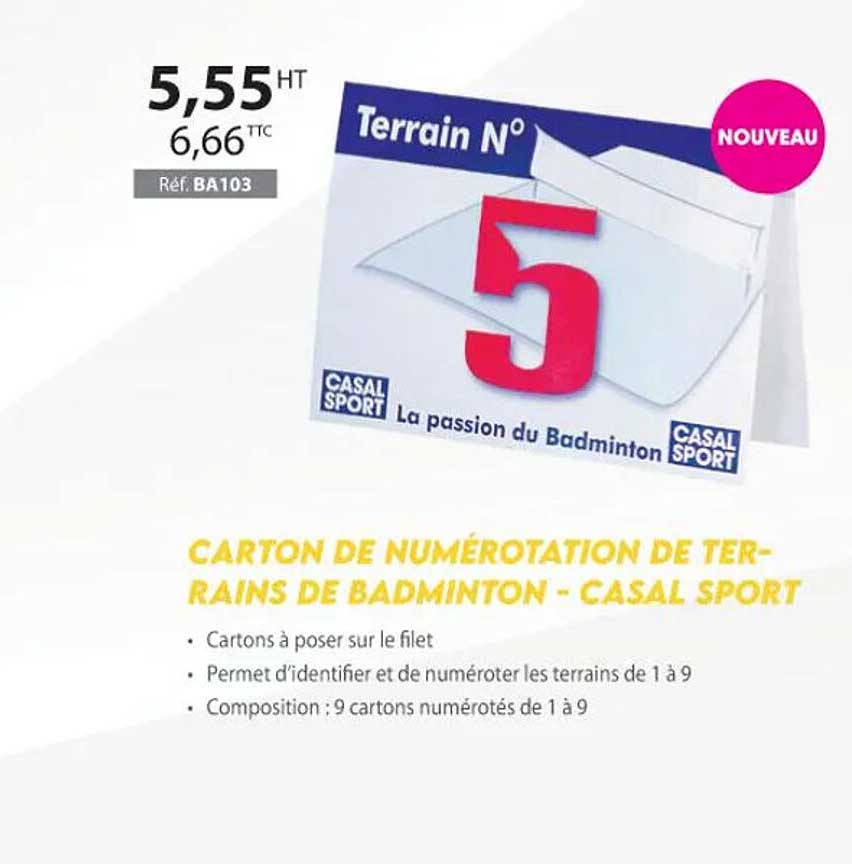 carton de numérotation de terrains de badminton - casal sport