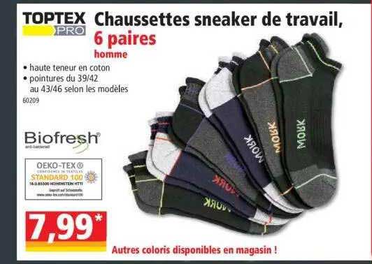 chaussettes sneaker de travail, 6 paires homme toptex pro