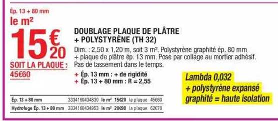 doublage plaque de plâtre + polystyrène (th 32)
