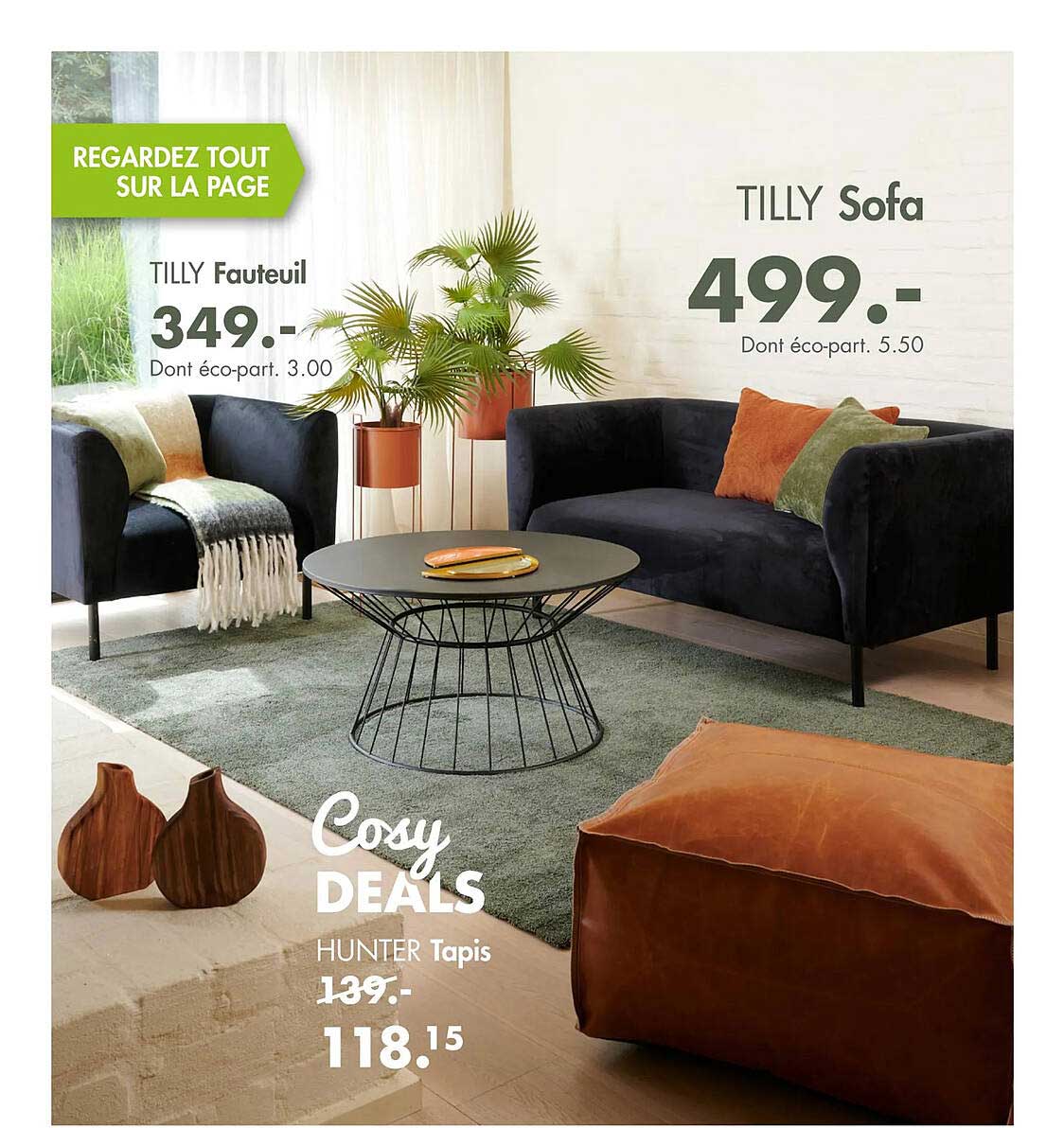 fauteuil tilly, tapis hunter, sofa tilly