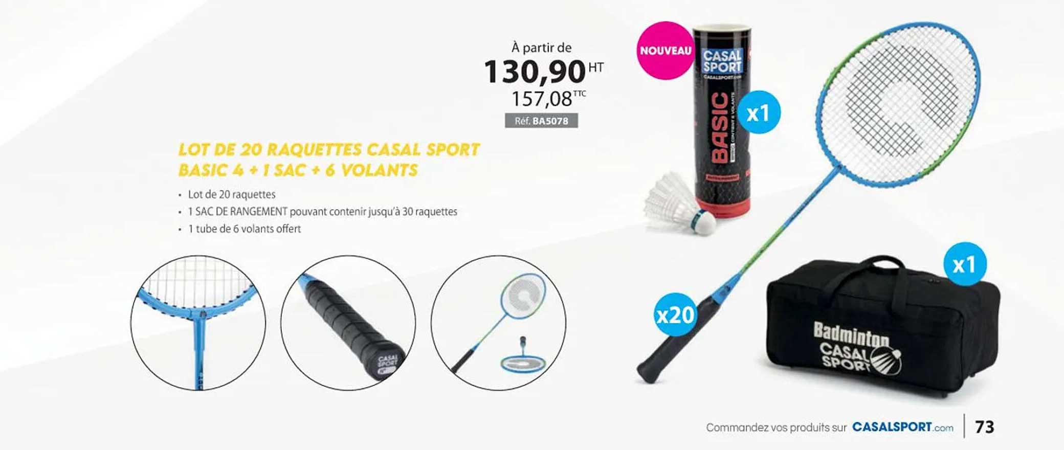lot de 20 raquettes casal sport basic 4 + 1 sac + 6 volants