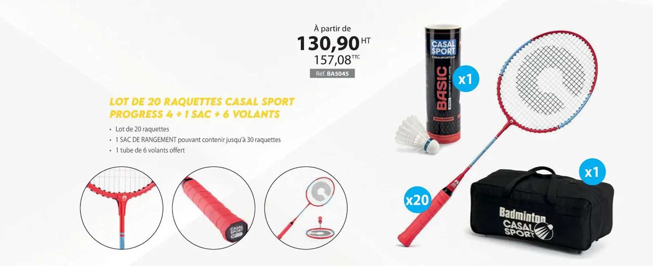 lot de 20 raquettes casal sport progress 4 + 1 sac + 6 volants