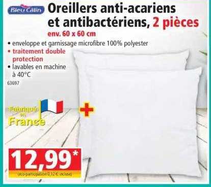 oreillers anti-acariens et antibactériens, 2 pièces bleu calin