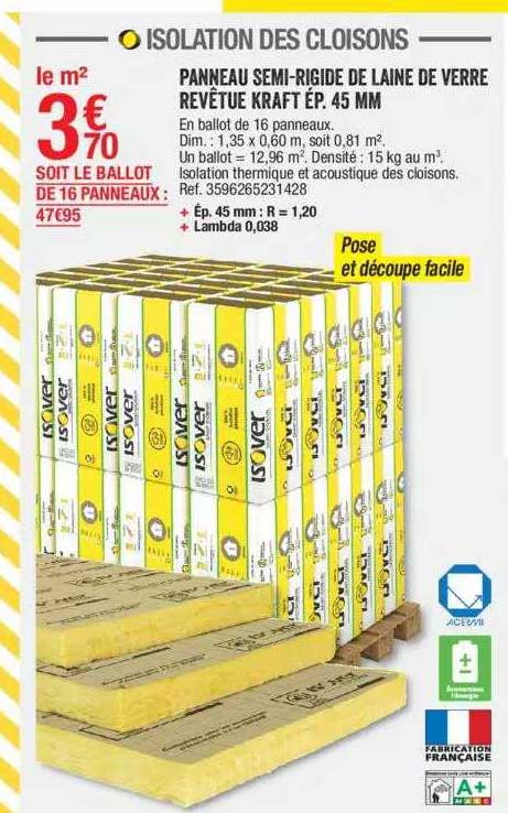 panneau semi-rigide de laine de verre revêtue kraft ép. 45 mm