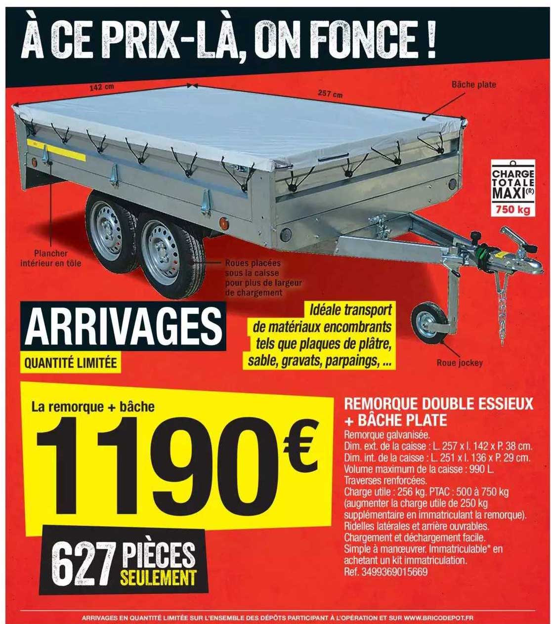 Remorque Double Essieux + Bâche Plate