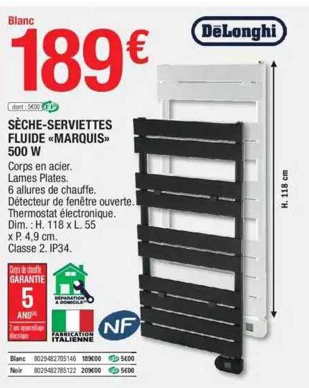 sèche-serviettes fluide «marquis» 500 w dëlonghi
