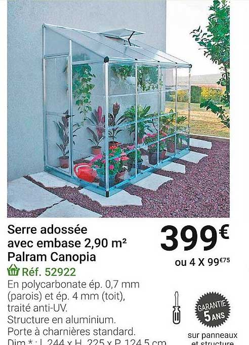 serre adossée avec embase 2,90 m² palram canopia