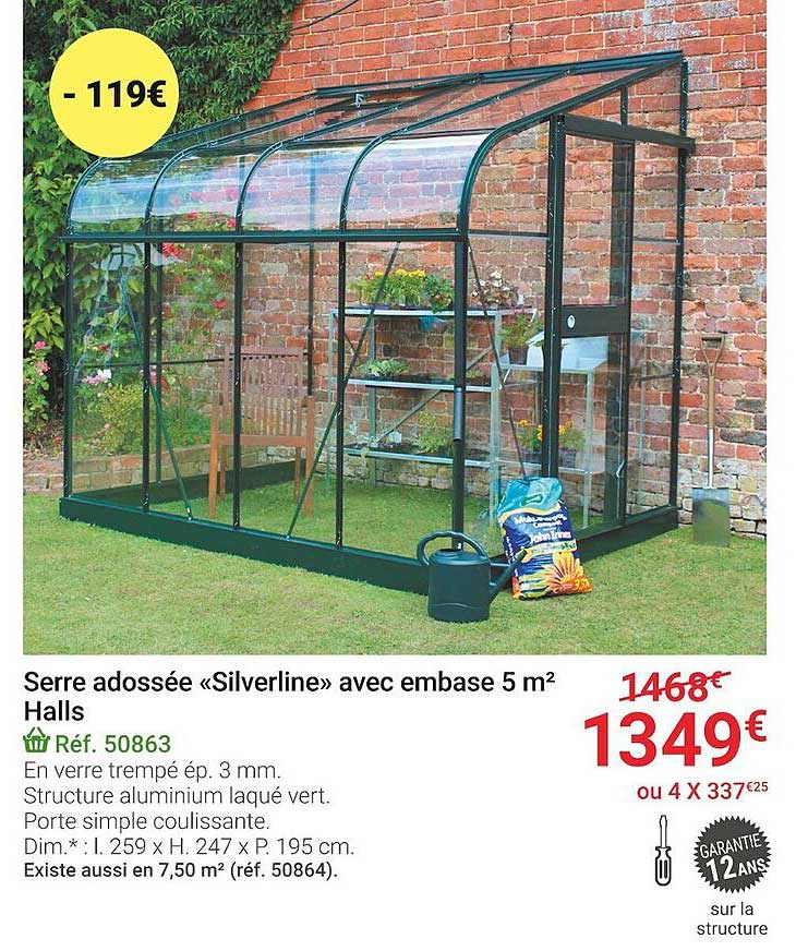 Serre Adossée «silverline» Avec Embase 5 M² Halls