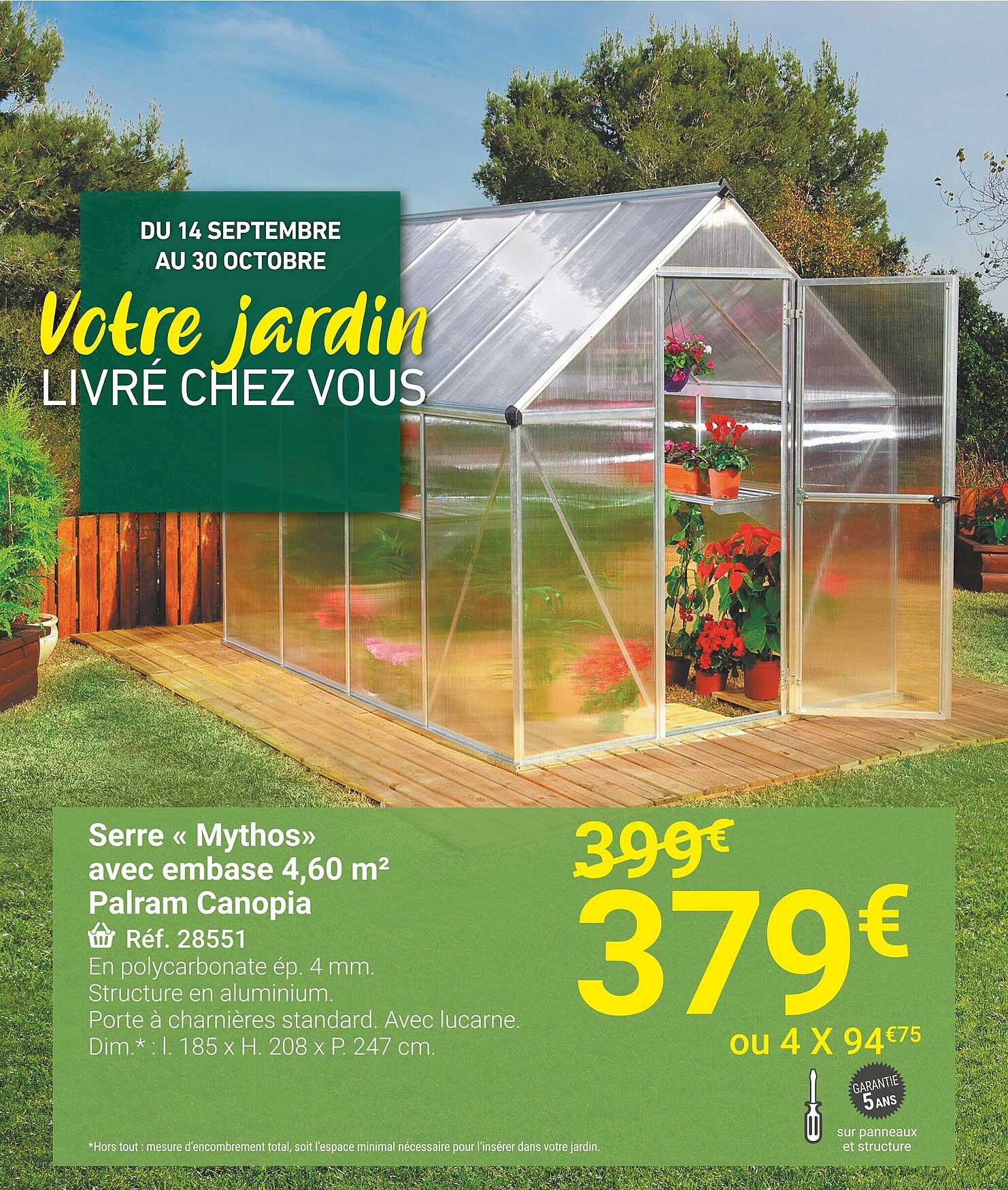 serre «mythos» avec embase 4,60 m² palram canopia