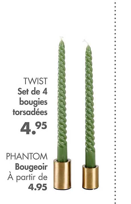 set de 4 bougies torsadées twist, bougeoir phantom