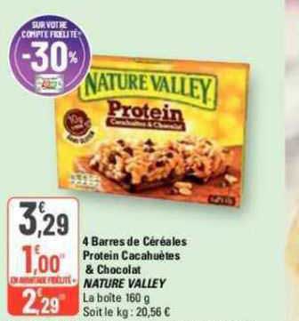 4 barres de céréales protein cacahuètes & chocolat nature valley