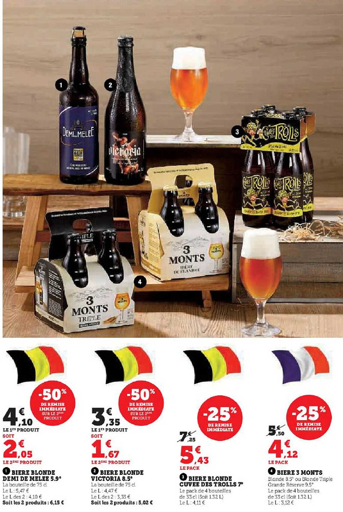 bière blonde demi de mêlée 5.9°, bière blonde victoria 8.5°, bière blonde cuvée des trolls, bière 3 monts