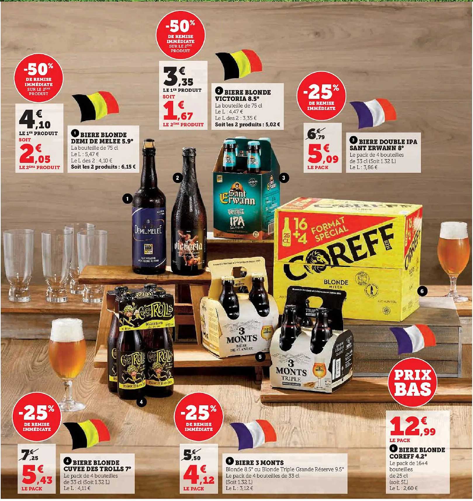 bière blonde demi de mêlée 5.9°, bière blonde victoria 8.5°, bière double ipa sant erwann 5°, bière blonde cuvée des trolls 7°, bière 3 monts, bière blonde coreff 4.2°