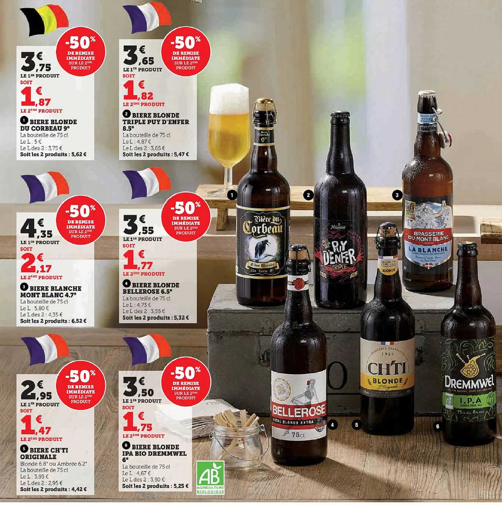 bière blonde du corseau 9°, bière blonde triple puy d'enfer, bière blanche mont blanc 4.7°, bière blonde bellerose 6.5°, bière ch'ti originale, bière blonde ipa bio dremmwel