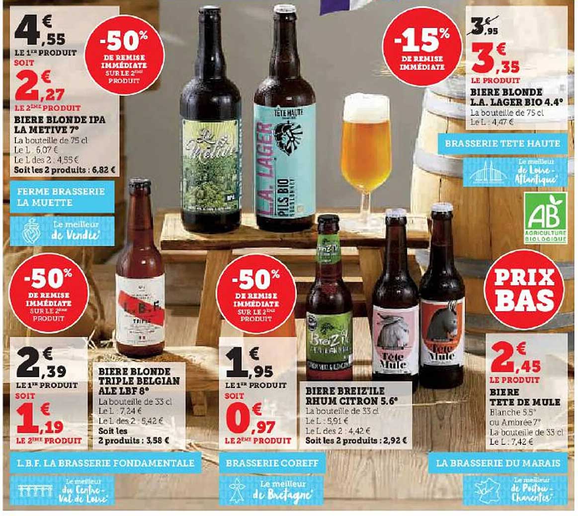 bière blonde ipa la metive 7°, bière blonde triple belgian ale lbf 8°, bière breiz'ile rhum citron 5.6°, bière tête de mule