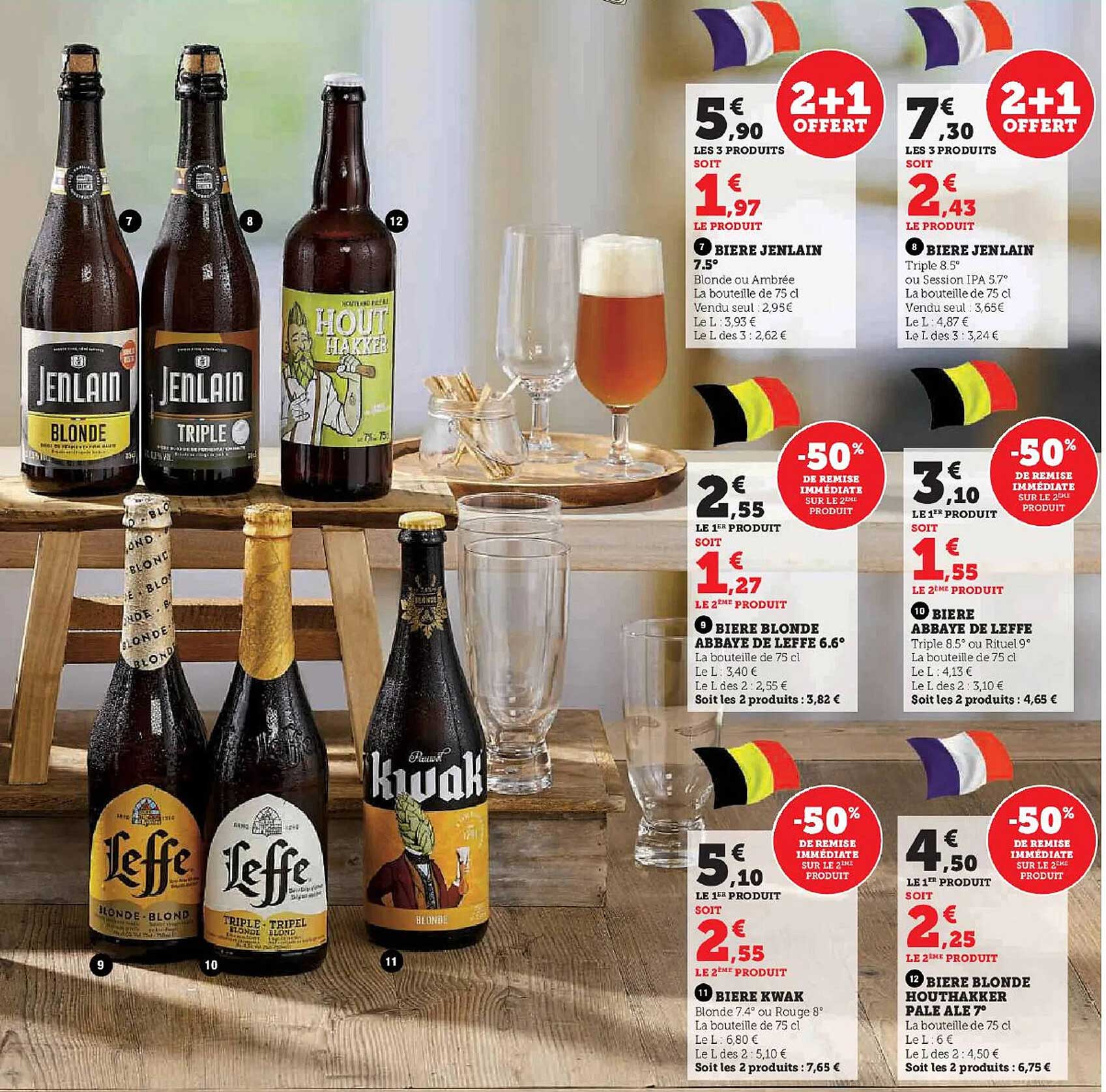 bière jenlain, bière blonde abbaye de leffe 6.4°, bière abbaye de leffe, bière kwak, bière blonde houthakker pale ale 7°