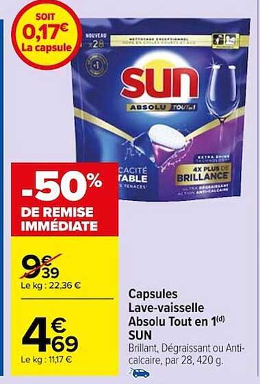 capsules lave-vaisselle absolu tout en 1 sun