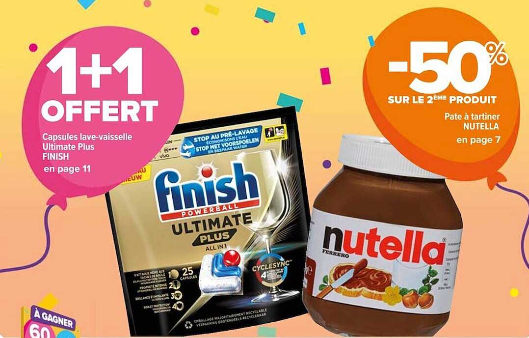 capsules lave-vaisselle ultimate plus finish, pâte à tartiner nutella