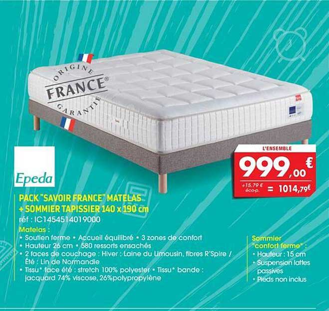 pack "savoir france" matelas + sommier tapissier 140 x 190 cm epeda