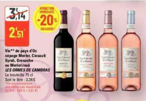 vin de pays d'oc cépage merlot cinsault syrah, grenache ou merlot rosé les ormes de cambras