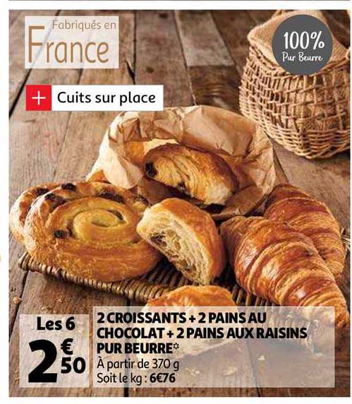 2 Croissants + 2 Pains Au Chocolat + 2 Pains Aux Raisins Pur Beurre