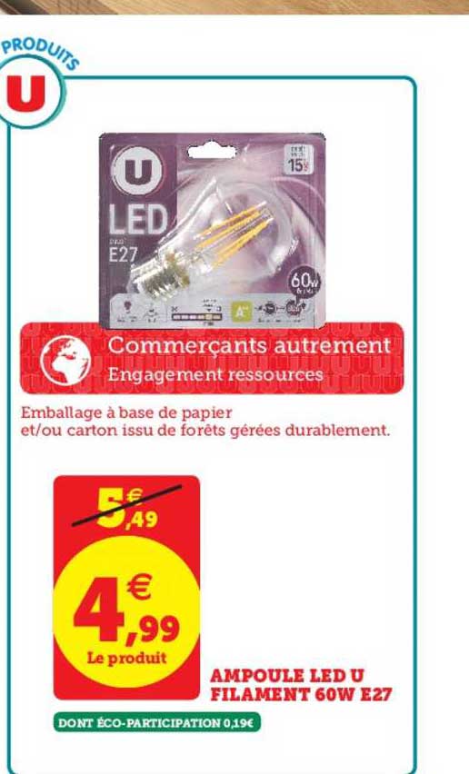 ampoule led u filament 60w e27
