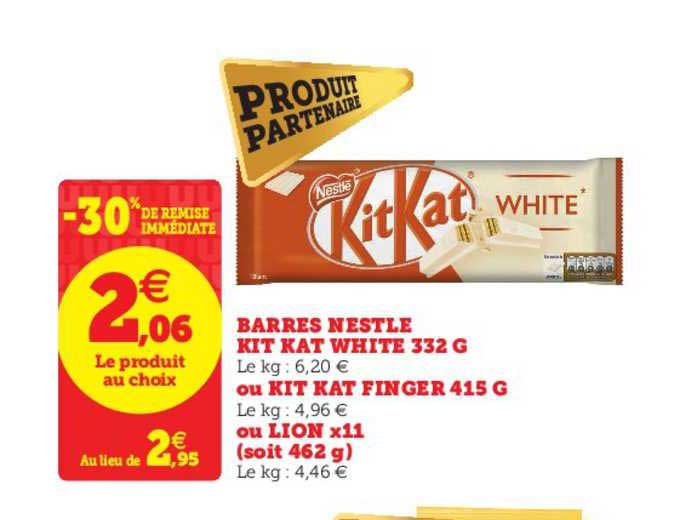 barres nestlé kit kat white 332 g ou kit kat finger 415 g ou lion x11 -30% de remise immédiate