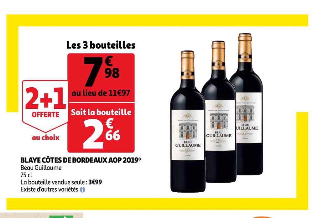 blaye côtes de bordeaux aop 2019 beau guillaume 2+1 offert au choix