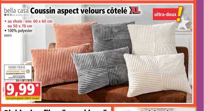 coussin aspect velours côtelé xl bella casa