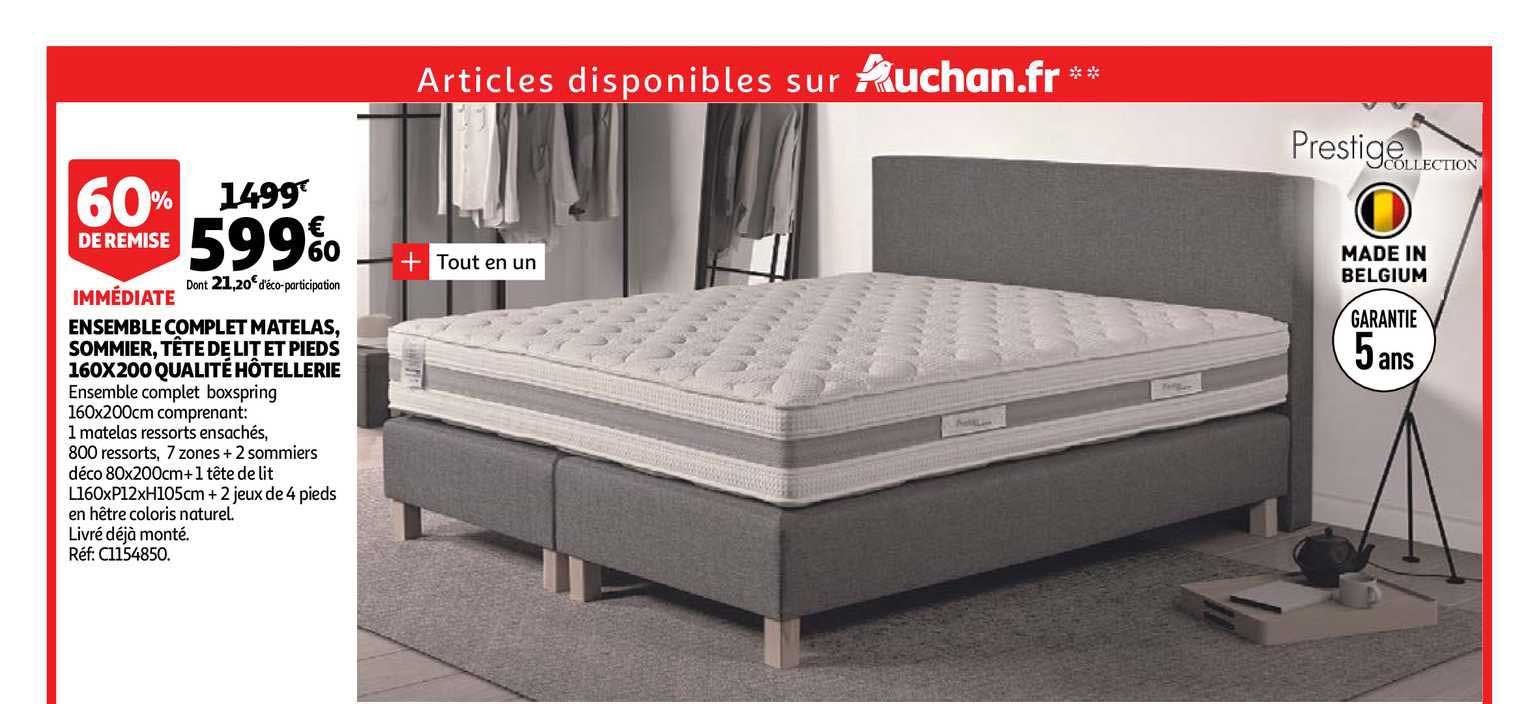ensemble complet matelas sommier tête de lit et pieds 160x200 qualité hôtellerie 60% de remise immédiate