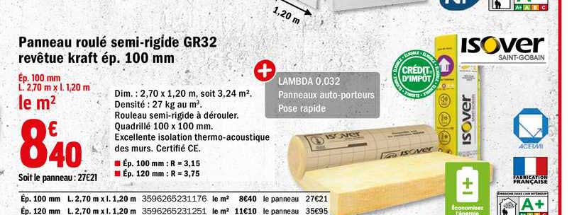 isover panneau roulé semi rigide gr32 revêtue kraft ép. 100 mm