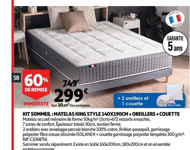 kit sommeil matelas king style 140x190cm + oreillers + couette 60% de remise immédiate