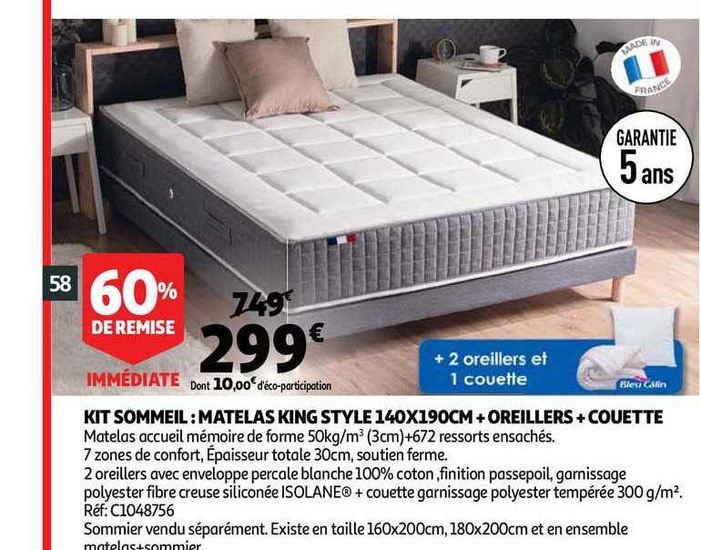 kit sommeil matelas king style 140x190cm + oreillers + couette 60% remise immédiate