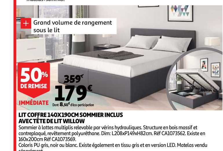 lit coffre 140x190cm sommier inclus avec tête de lit willow 50% de remise immédiate