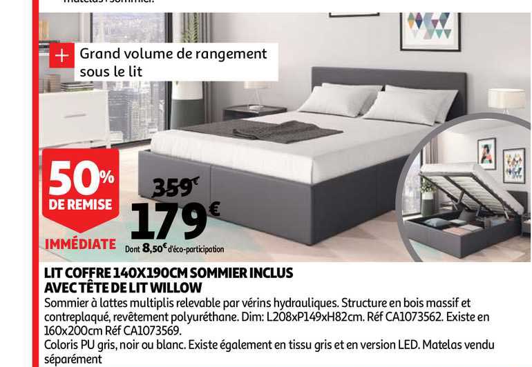 lit cofre 140x190cm sommier inclus avec tête de lit willow 50% de remise immédiate