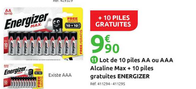 lot de 10 piles aa ou aaa alcaline max + 10 piles gratuites energizer