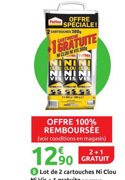 lot de 2 cartouches ni clou ni vis + 1 gratuite pattex