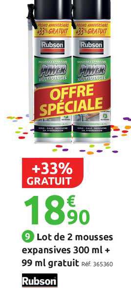lot de 2 mousses expansives 300 ml + 99 ml gratuit rubson