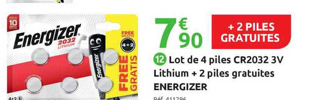 lot de 4 piles cr2032 3v lithium + 2 piles gratuites energizer