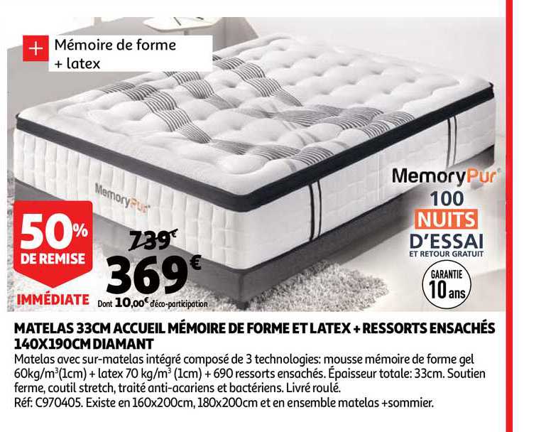 matelas 33 cm accueil mémoire de forme et latex + ressorts ensachés 140x190cm diamant 50% de remise immédiate