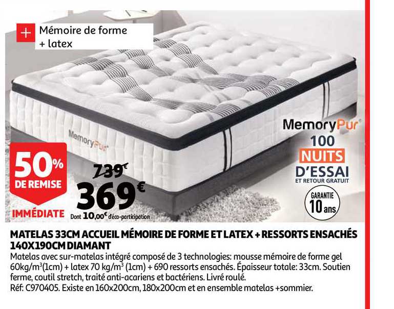 matelas 33cm accueil mémoire de forme et latex + ressorts ensachés 140x190cm diamant 50% remise immédiate
