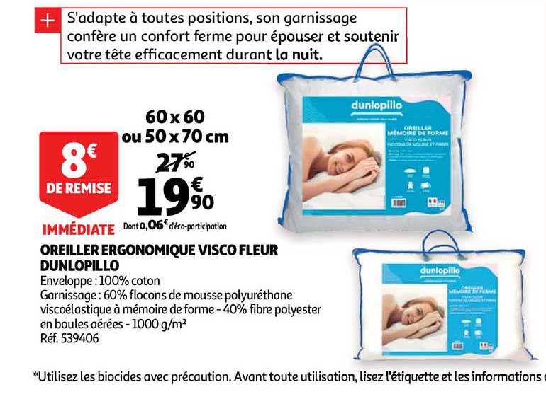 oreiller ergonomique visco fleur dunlopillo