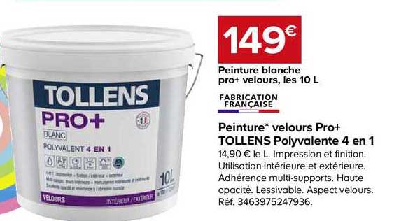 peinture velours pro+ tollens polyvalente 4 en 1