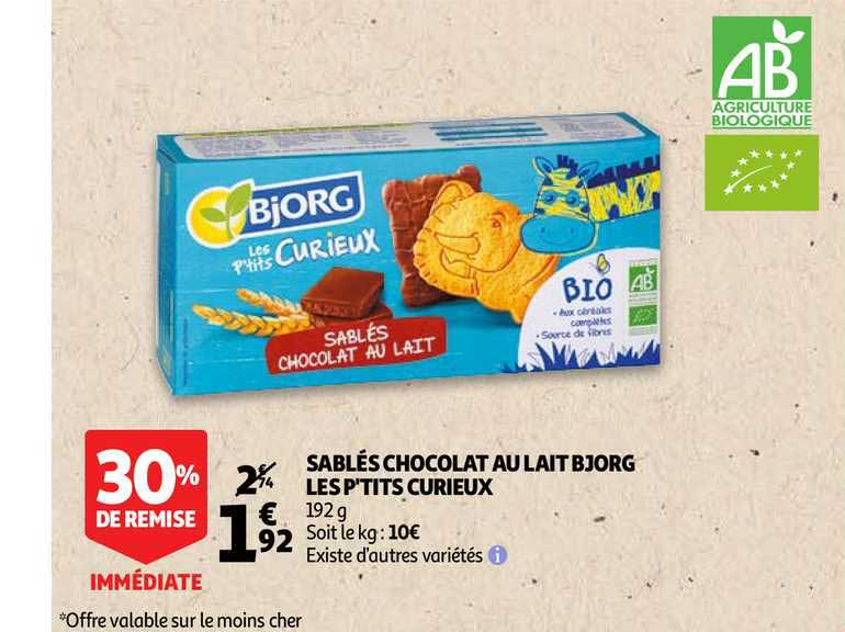 sablés chocolat au lait bjorg les p'tits curieux 30% remise immédiate