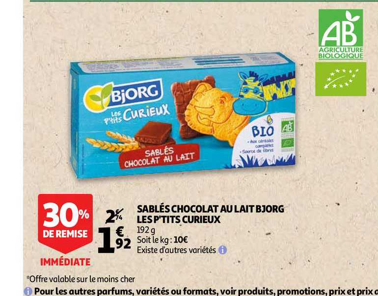 sablés chocolat au lait bjorg les p'tits curieux 30% remise immédiate