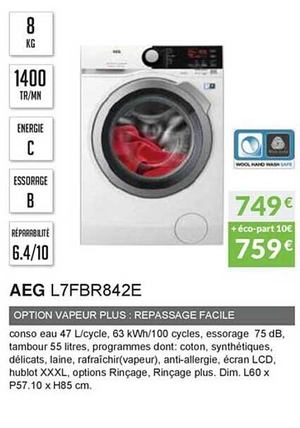 aeg l7fbr842e option vapeur plus : repassage facile