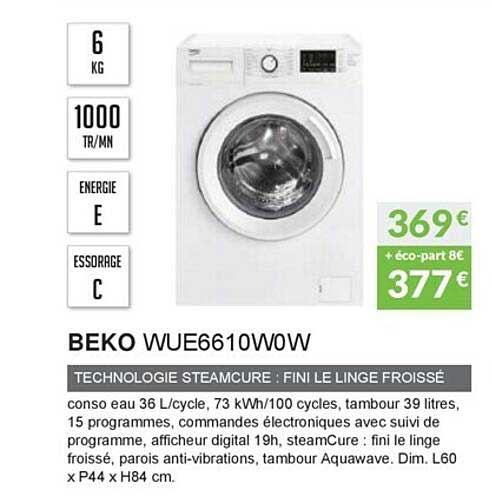 beko wue6610w0w technologie steamcure : fini le linge froissé