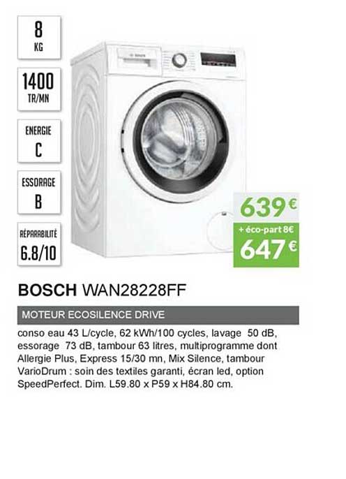 bosch wan28228ff moteur ecosilence drive